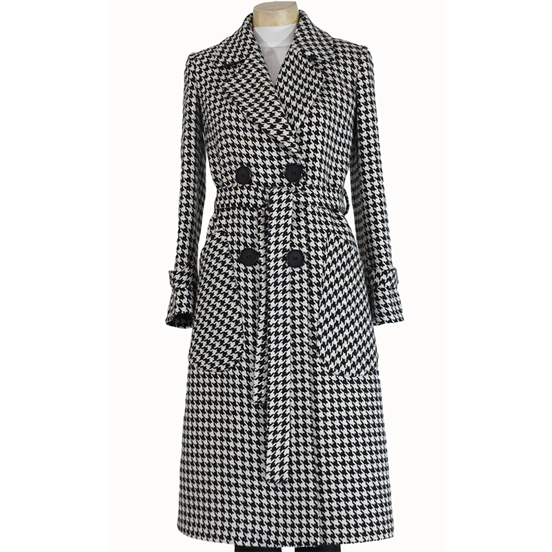 Women's Mono Collar Bag Pocket Lined Houndstooth Coat