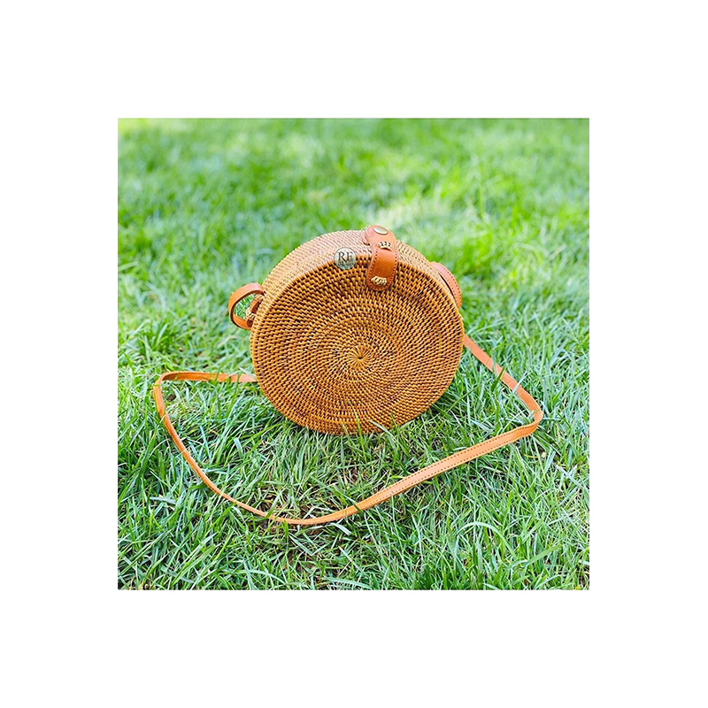 Brown Rattan Straw Round Flat Model Bag Women