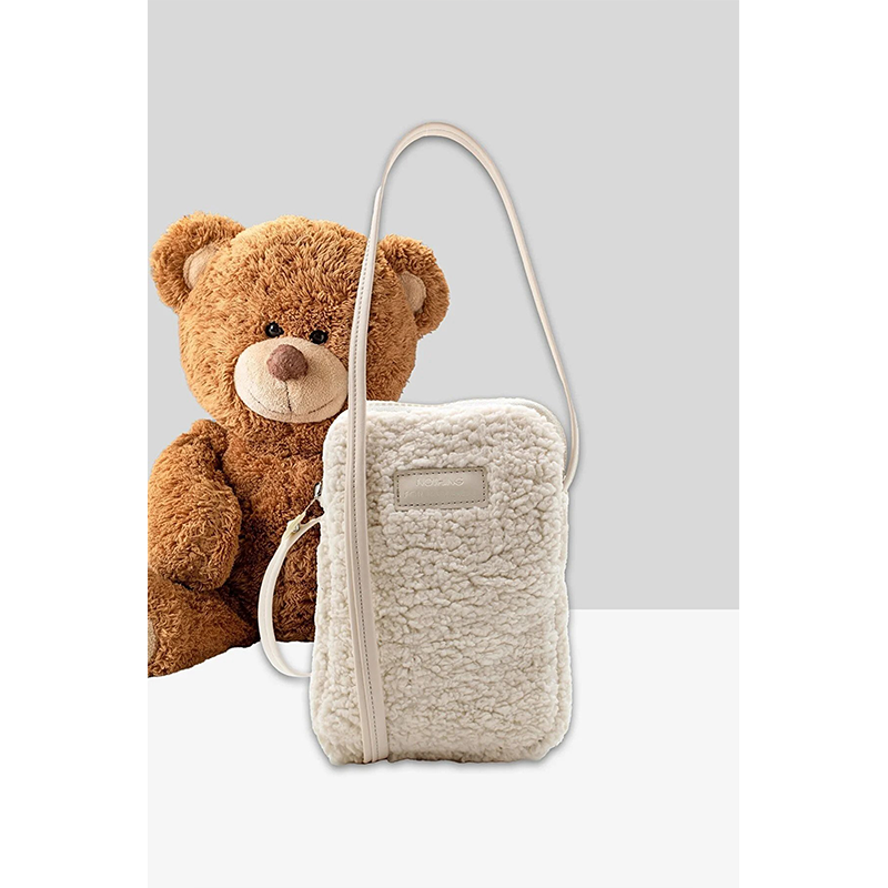 Women's Cream Fur Plush Mini Phone Holder Cross Shoulder Bag