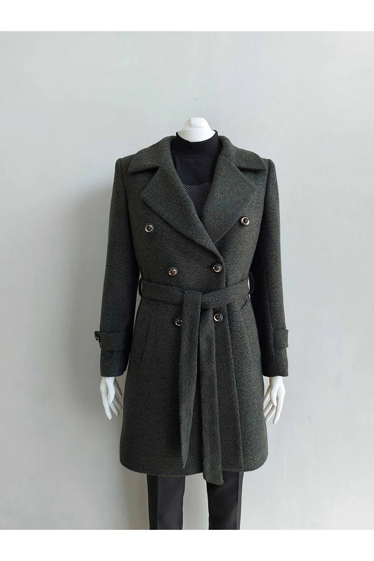 GISSTORE Belted Short Khaki Green Coat