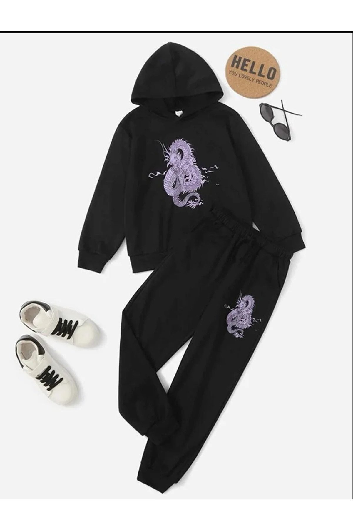 Black Girl Purple Dragon Printed Hooded Tracksuit Set