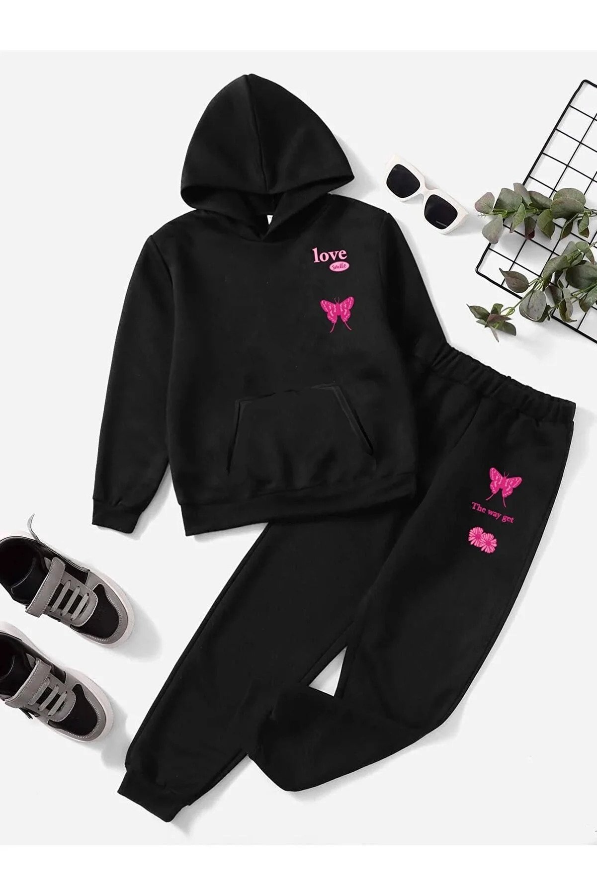 LePold Pink Butterfly Printed Girl's Hooded Sweatshirt & Tracksuit Pembekelebek
