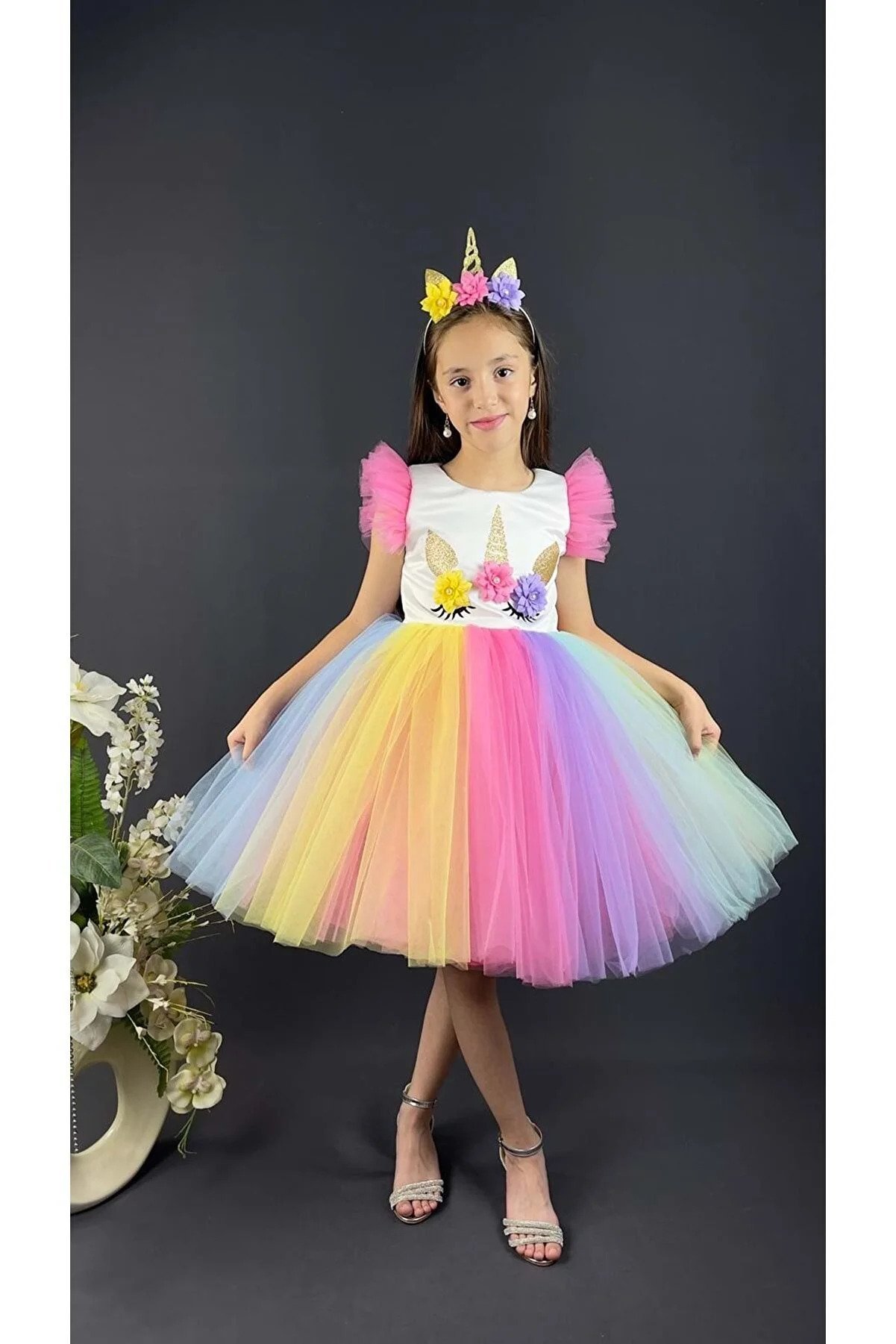 Colorful Skirt and Crown Girl's Party Dress Pink PRINCESS-UNİ