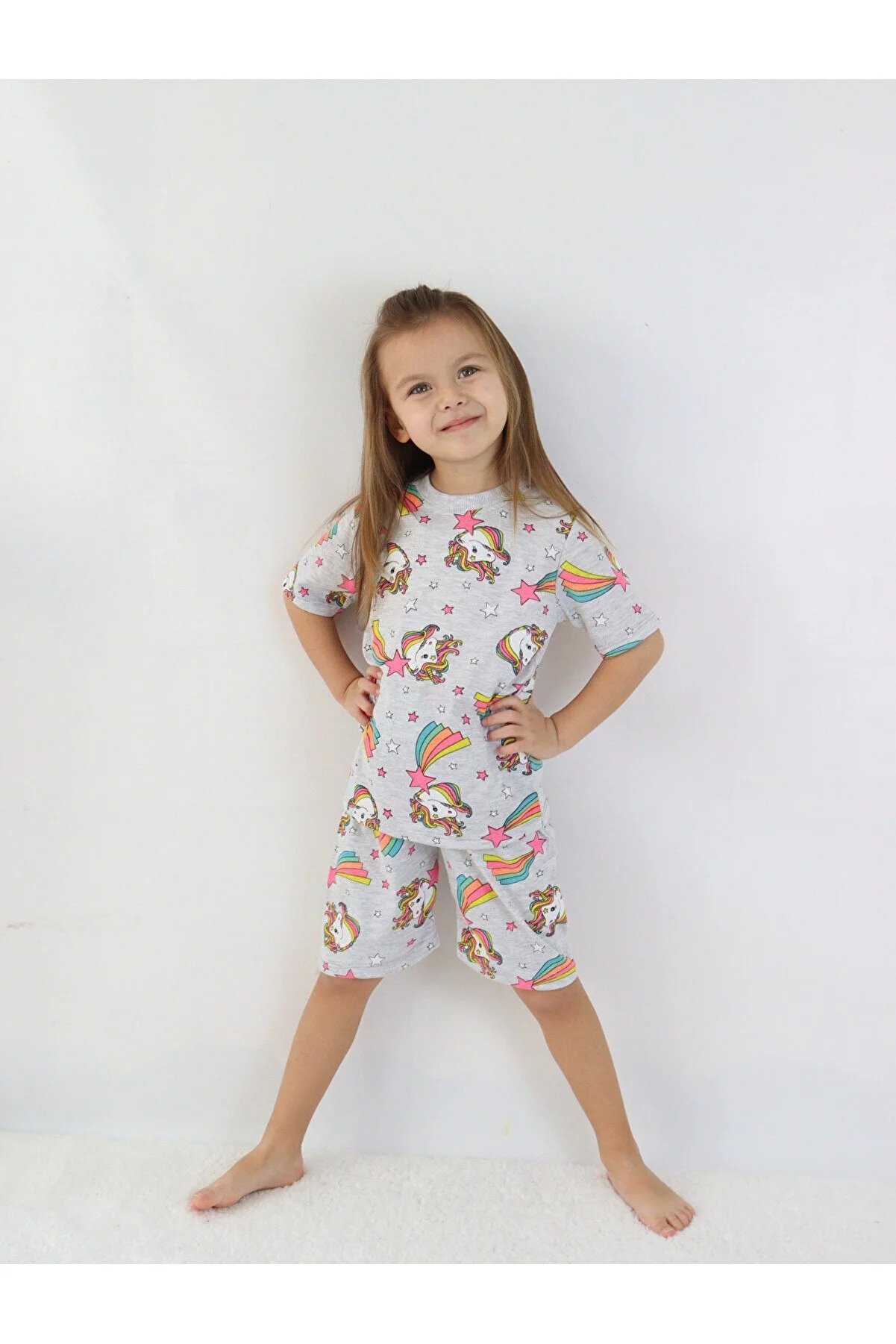 HARİKA KİDS Girl Gray Printed Shorts Basic Top-Bottom Suit