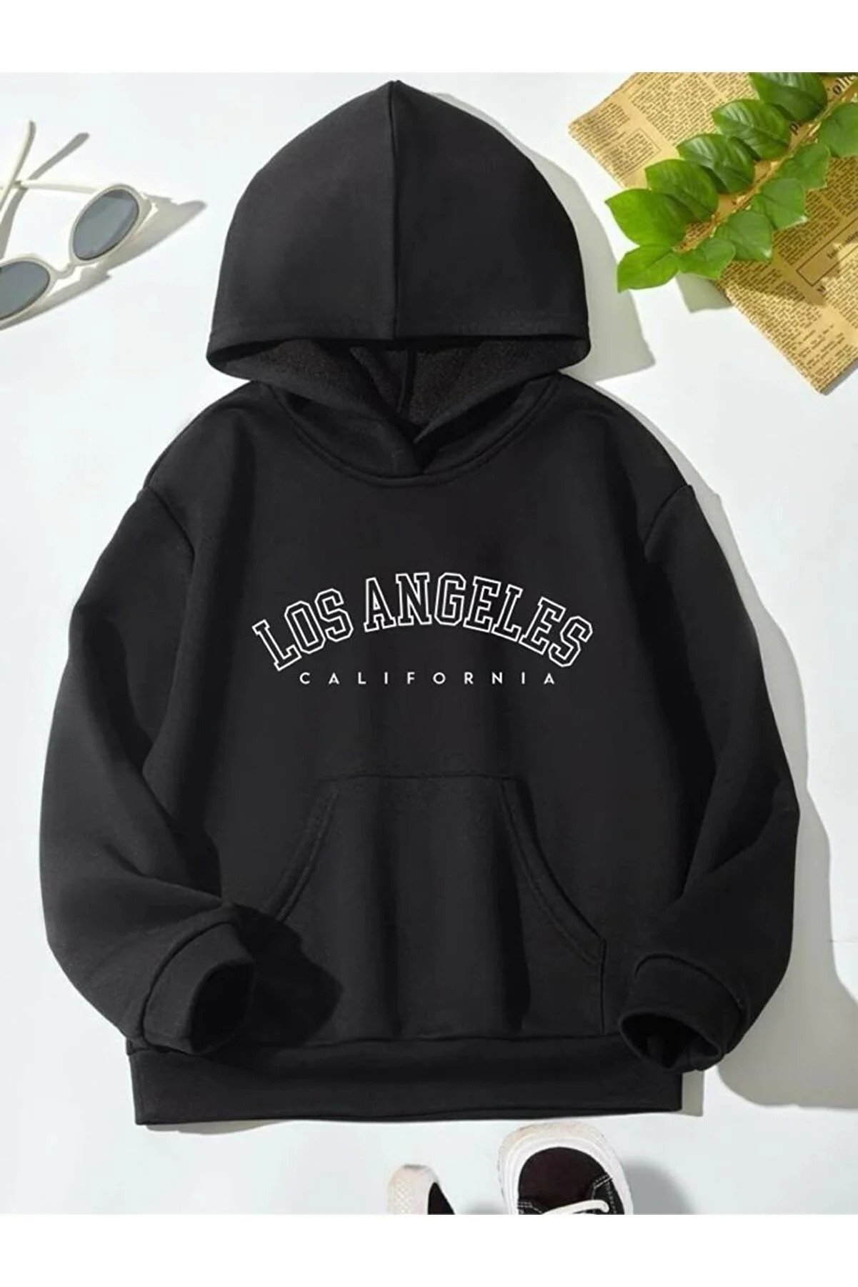 AFROKİDS Kids Unisex Oversize Black Los Angeles Printed Hooded Sweatshirt losang