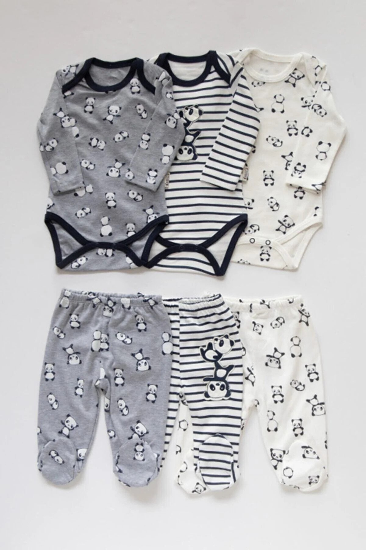 Colorful Panda Patterned 3 Set 6 Piece Snap Fastener Suit
