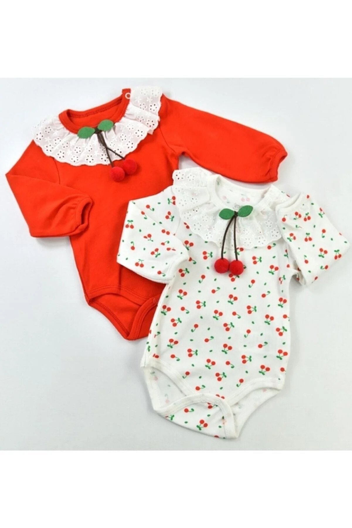 Baby Girl Cherry Lace 2-Piece Long Sleeve Bodysuit