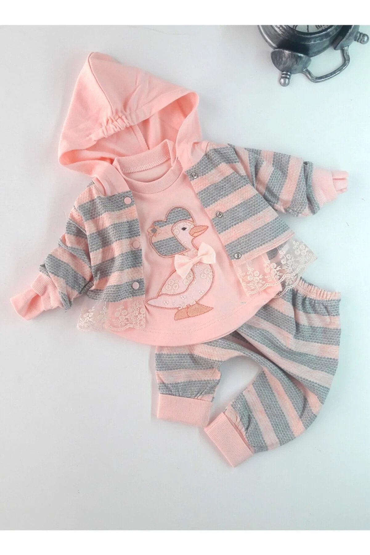 Baby Girl Pink Duck Embroidered Cardigan Set 3 Piece