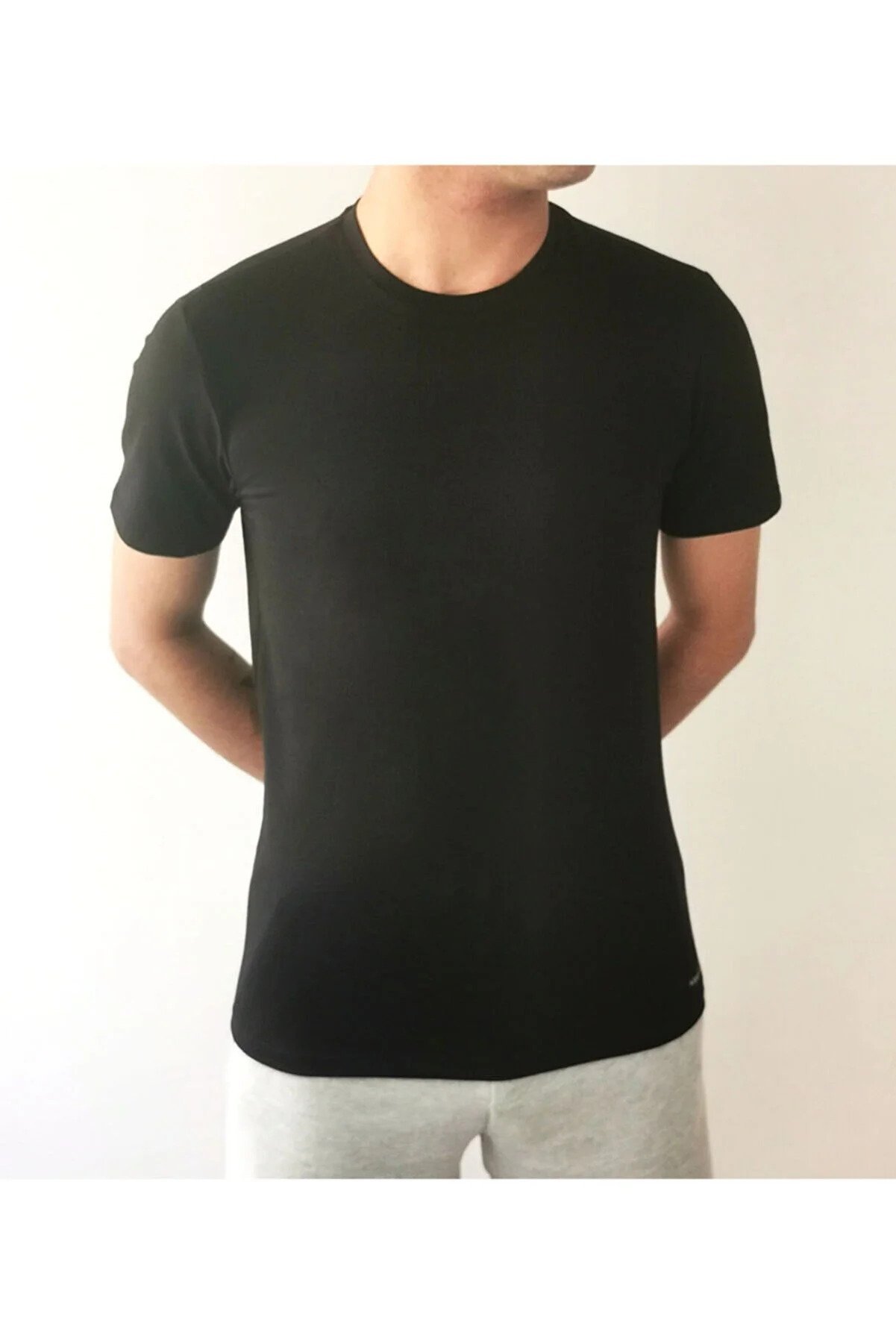 Underwear Black Cotton Lycra Men's Crew Neck Half Sleeve Undershirt - T-Shirt