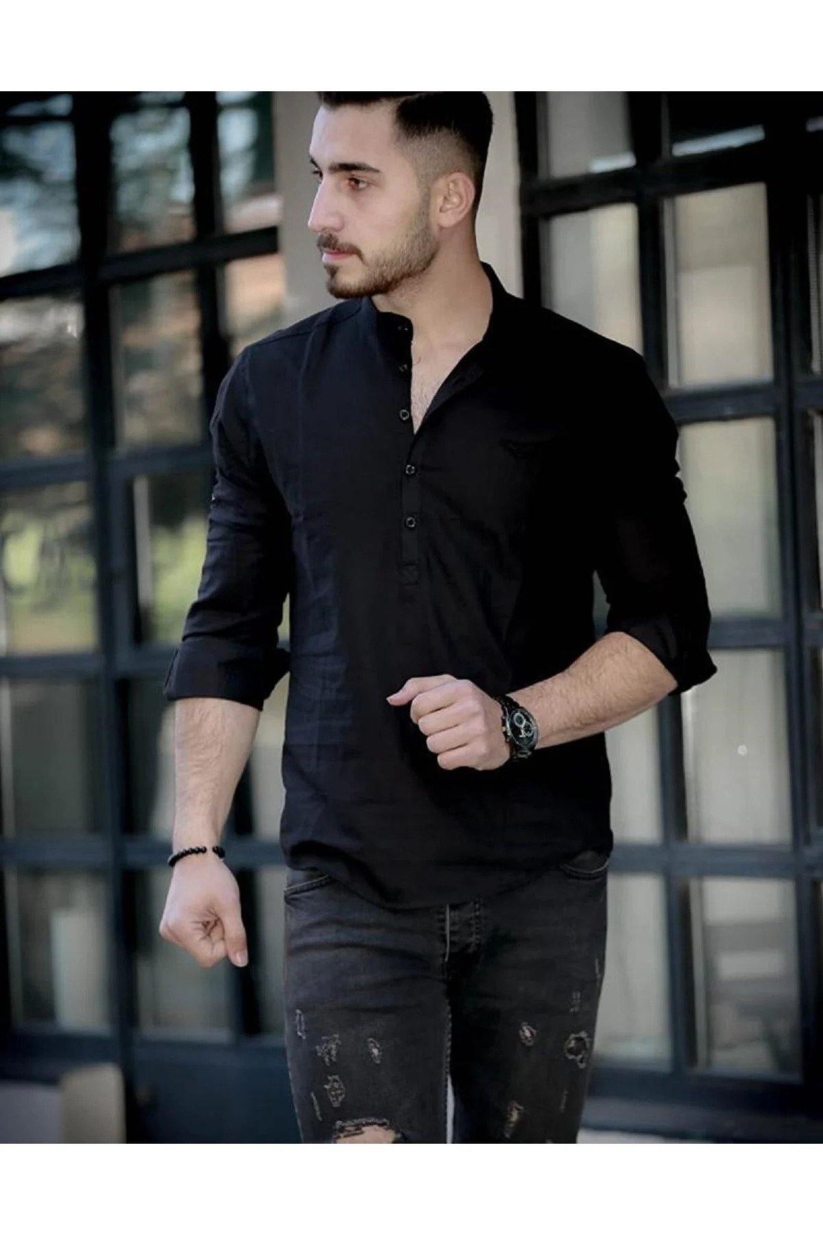 fashion biz Men's  Judge Collar Linen Extra Slim Fit Shirt