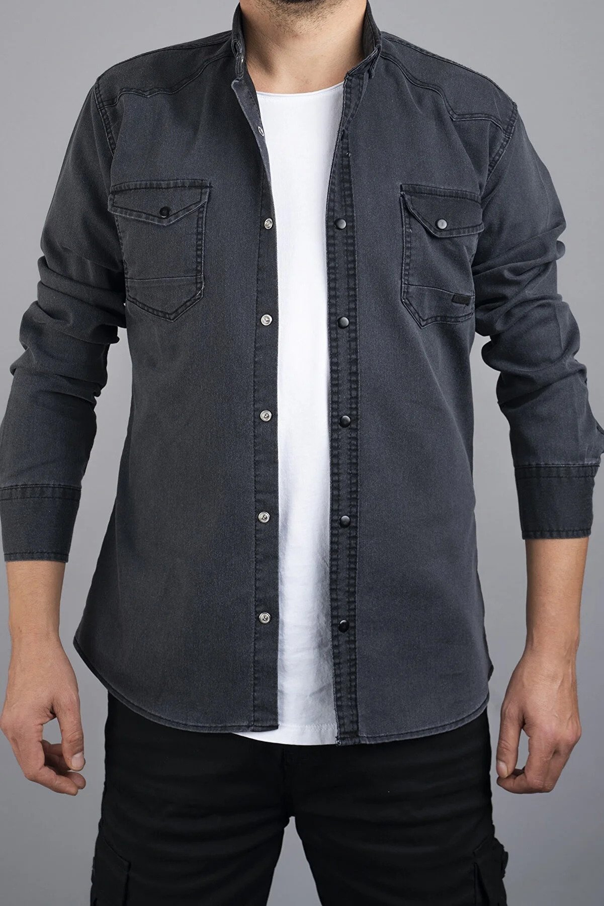 bombe Slim Fit Men's Denim Shirt Smoked