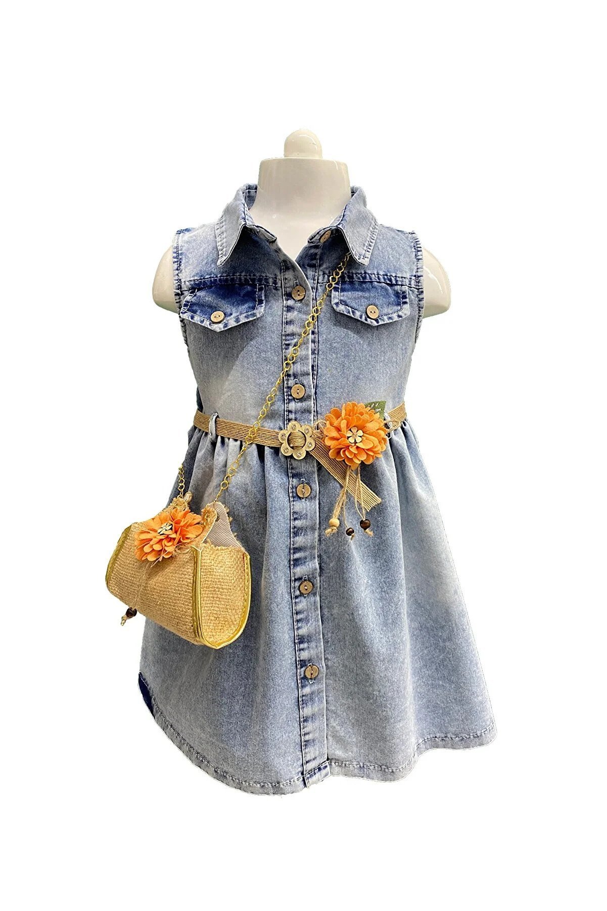 My Dream Baby Orange Floral Bag Girl Denim Dress