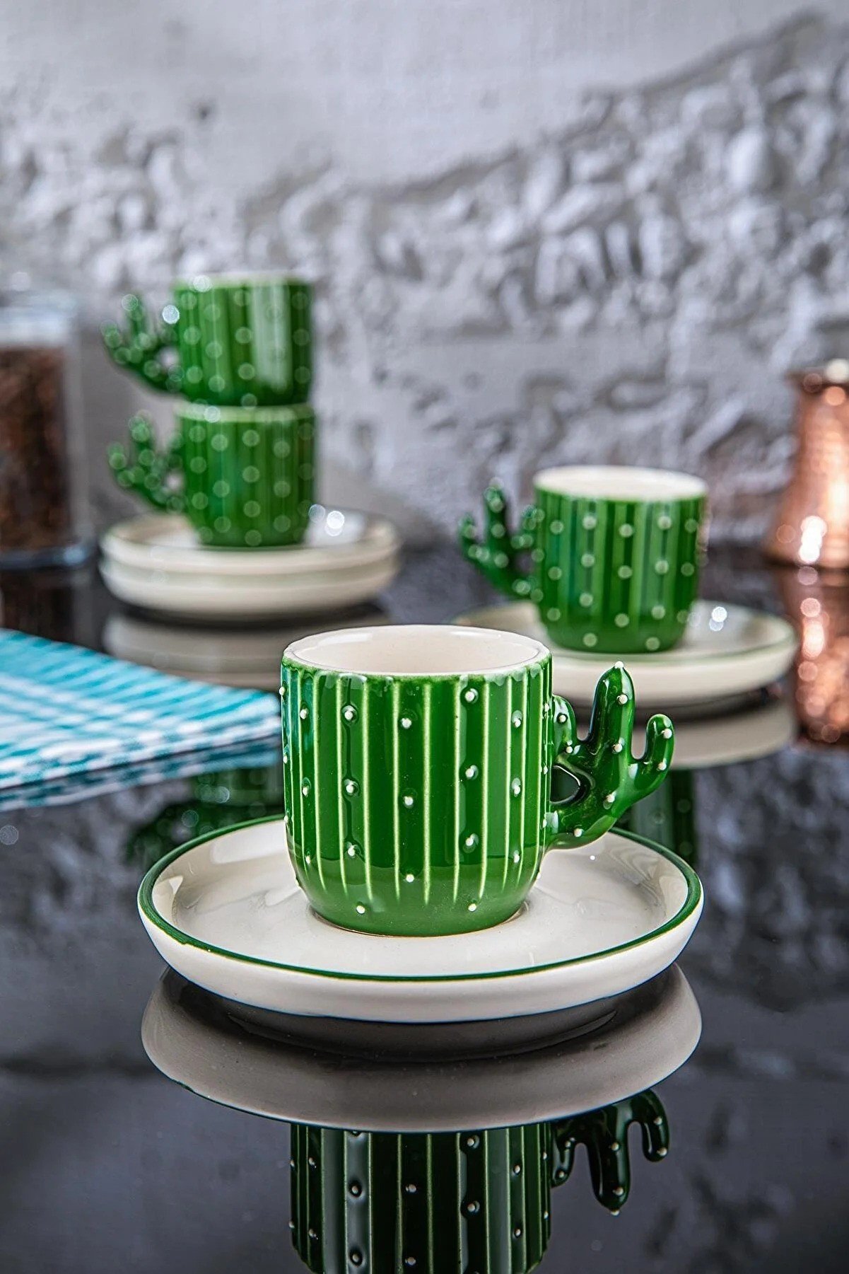 Hanne Opuntia Cactus Handmade 110 Ml Turkish Coffee, Espresso Cup Green 4 Pieces