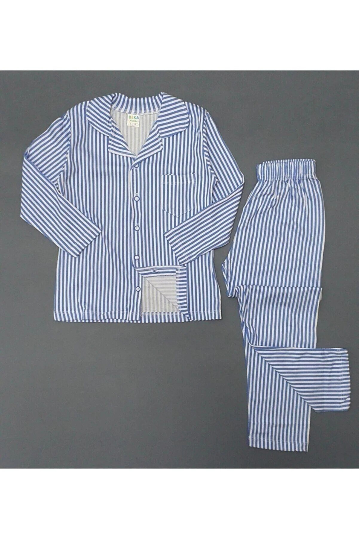 BEKA Boy's Blue Combed Cotton Front Buttoned Striped Pajamas KİDS