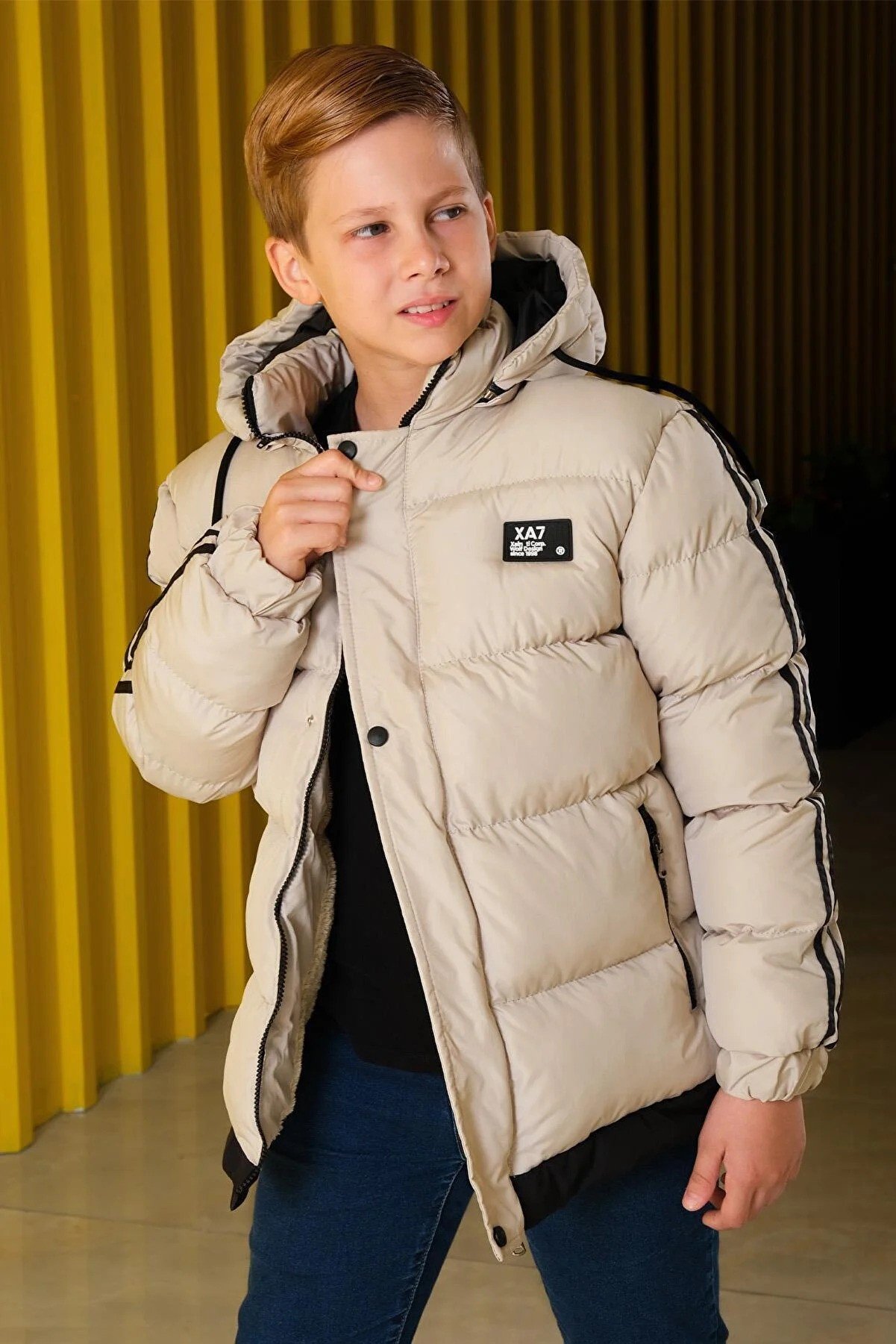 Zaziko Kids Boy's Removable Hooded Sleeves Striped Puffer Coat