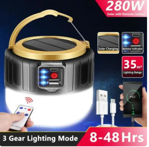 High Power Solar LED Camping Light USB Rechargeable Bulb For Outdoor Tent Lamp