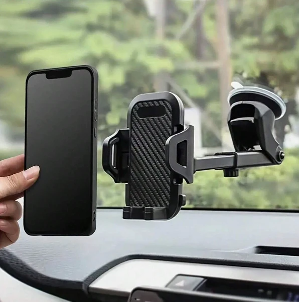 1pc Black Car Phone Holder With Suction Cup And Telescoping Arm