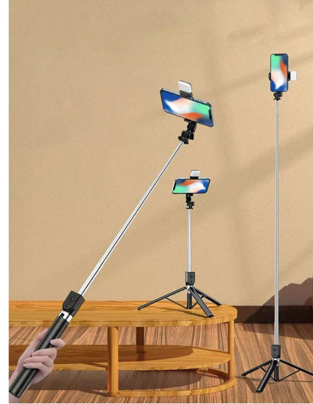 1pc 1.7m Stainless Steel Multifunctional Phone Selfie Stick Tripod With Light
