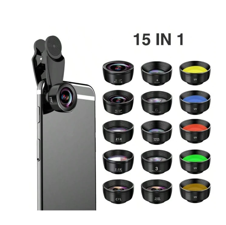 1pc Phone Special Effect Lens Hd 15-In-1 Wide Angle Macro Fish-Eye Lens Set