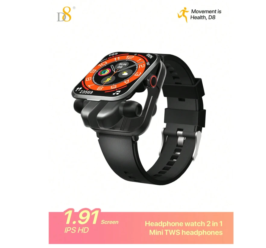 D8 1pc 2 in 1 Smart watch +TWS headset combination, Smart Watch with Earbuds for