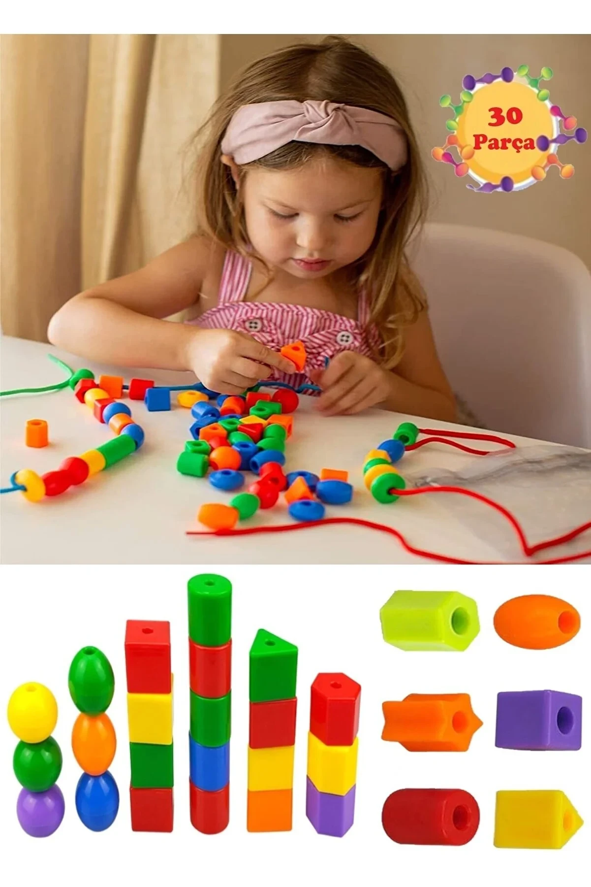 Hyd 30 Pieces Line Up Beads Geometric Shapes Color Skill Stringing Beads Game Ed